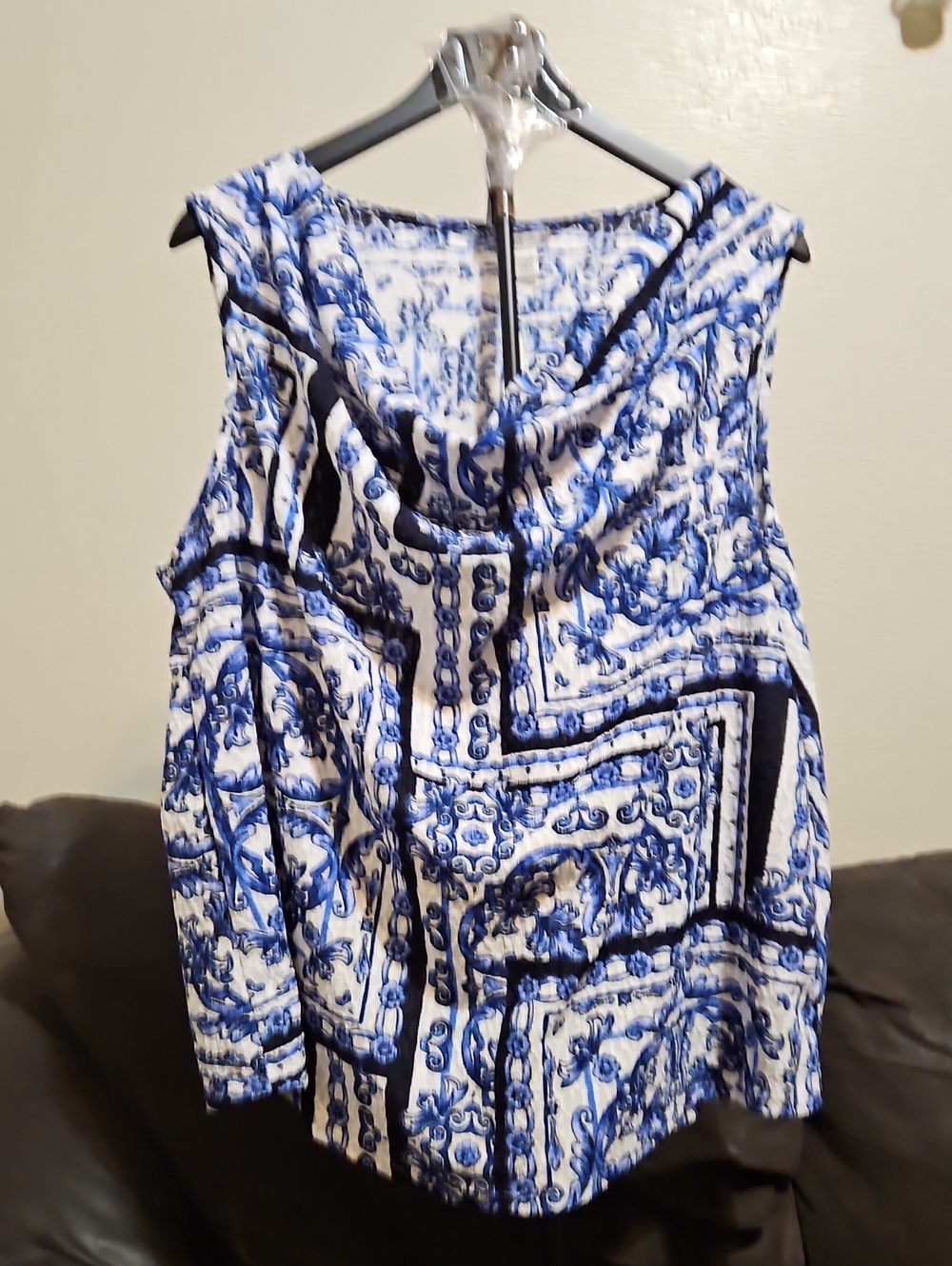 Cato White Sleeveless Tank with Blue Scroll Print